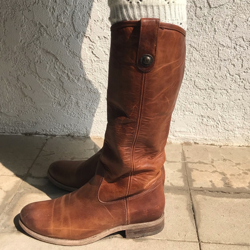 LEATHER COGNAC BROWN TALL FRYE BOOTS